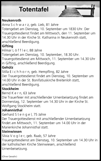 Anzeige von Totentafel vom 10.09.2019 von MGO