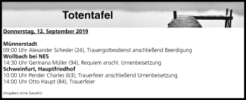 Anzeige von Totentafel vom 12.09.2019 von MGO