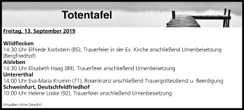 Anzeige von Totentafel vom 13.09.2019 von MGO