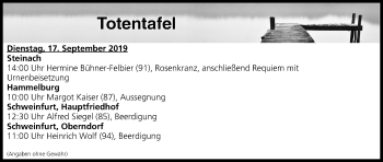 Anzeige von Totentafel vom 17.09.2019 von MGO