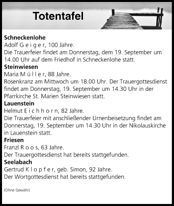 Anzeige von Totentafel vom 17.09.2019 von MGO
