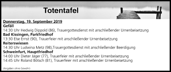 Anzeige von Totentafel vom 19.09.2019 von MGO