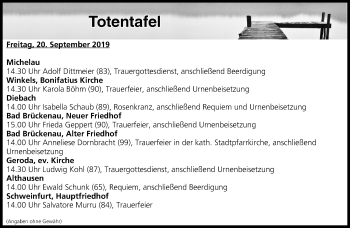 Anzeige von Totentafel vom 20.09.2019 von MGO