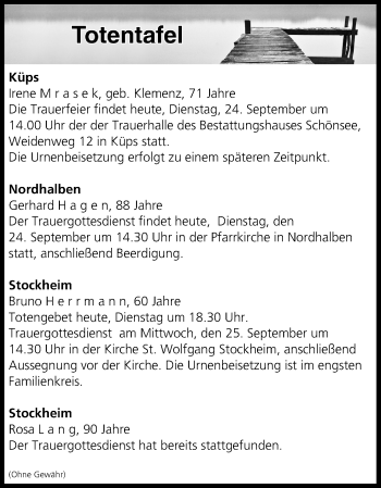 Anzeige von Totentafel vom 24.09.2019 von MGO