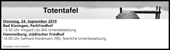 Anzeige von Totentafel vom 24.09.2019 von MGO