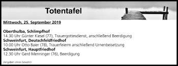 Anzeige von Totentafel vom 25.09.2019 von MGO