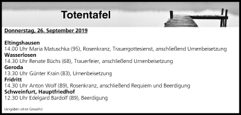 Anzeige von Totentafel vom 26.09.2019 von MGO