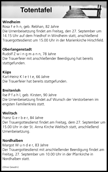Anzeige von Totentafel vom 27.09.2019 von MGO
