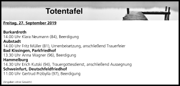 Anzeige von Totentafel vom 27.09.2019 von MGO