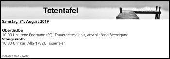 Anzeige von Totentafel vom 31.08.2019 von MGO