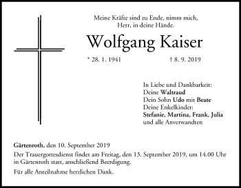 Anzeige von Wolfgang Kaiser von MGO