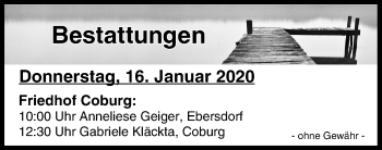 Anzeige von Bestattungen vom 16.01.2020 von MGO