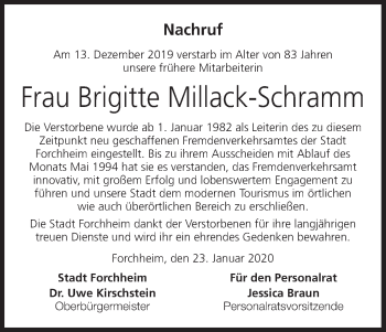 Anzeige von Brigitte Millack-Schramm von MGO