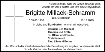 Anzeige von Brigitte Millack-Schramm von MGO