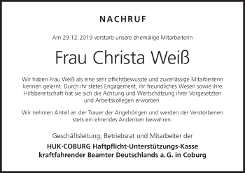 Anzeige von Christa Weiß von MGO