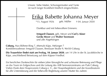Anzeige von Erika Babette Johanna Meyer von MGO