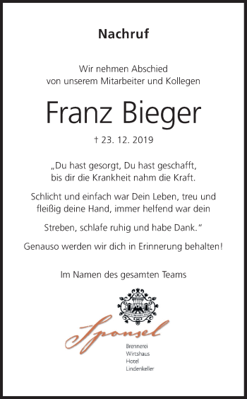 Anzeige von Franz Bieger von MGO