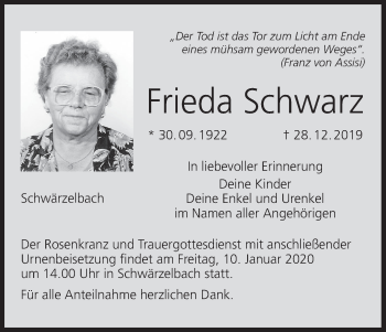 Anzeige von Frieda Schwarz von MGO