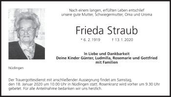 Anzeige von Frieda Straub von MGO