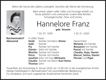 Anzeige von Hannelore Franz von MGO