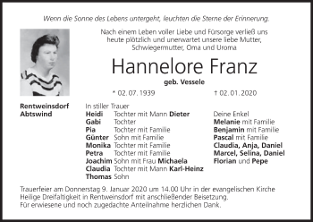 Anzeige von Hannelore Franz von MGO