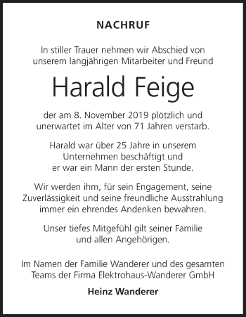 Anzeige von Harald Feige von MGO