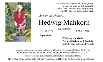 Anzeige von Hedwig Mahkorn von MGO
