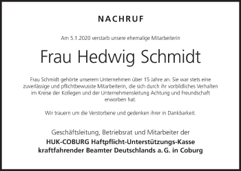 Anzeige von Hedwig Schmidt von MGO