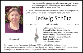 Anzeige von Hedwig Schütz von MGO