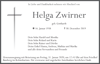 Anzeige von Helga Zwirner von MGO