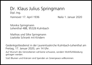 Anzeige von Klaus Julius Springmann von MGO