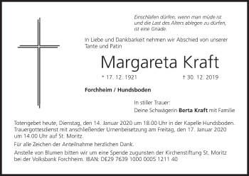 Anzeige von Margareta Kraft von MGO
