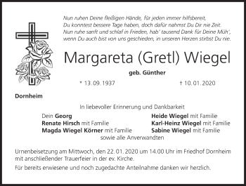 Anzeige von Margareta Gretl Wiegel von MGO