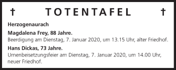 Anzeige von Totentafel vom 03.01.2020 von MGO