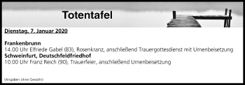 Anzeige von Totentafel vom 07.01.2020 von MGO