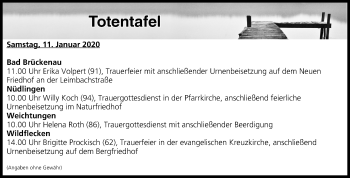 Anzeige von Totentafel vom 11.01.2020 von MGO