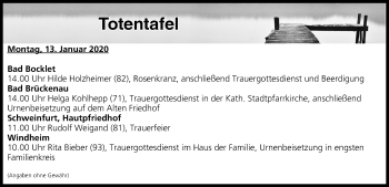 Anzeige von Totentafel vom 13.01.2020 von MGO