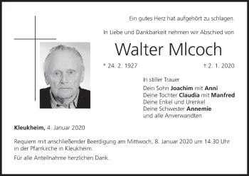 Anzeige von Walter Mlcoch von MGO