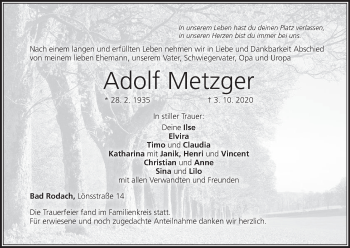 Anzeige von Adolf Metzger von MGO