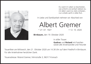 Anzeige von Albert Gremer von MGO