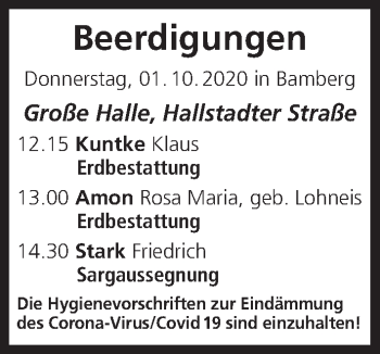 Anzeige von Beerdigungen vom 01.10.2020 von MGO