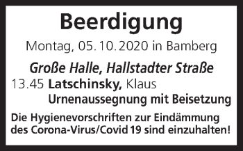 Anzeige von Beerdigungen vom 05.10.2020 von MGO