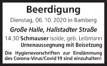 Anzeige von Beerdigungen vom 06.10.2020 von MGO
