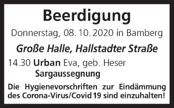Anzeige von Beerdigungen vom 08.10.2020 von MGO