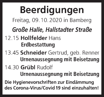 Anzeige von Beerdigungen vom 09.10.2020 von MGO