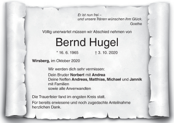 Anzeige von Bernd Hugel von MGO