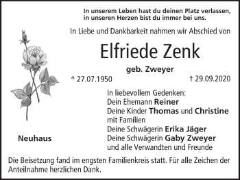 Anzeige von Elfriede Zenk von MGO