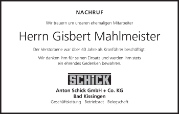 Anzeige von Gisbert Mahlmeister von MGO