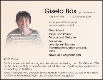 Anzeige von Gisela Bös von MGO