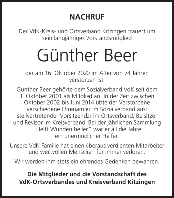 Anzeige von Günther Beer von MGO